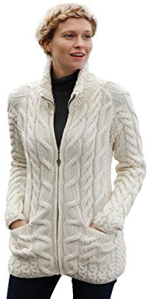 Aran Woollen Mills Women's Zip Up Soft Merino Wool Cardigan in Cream - Beautiful Ladies Traditional Cable Knit Sweater - 2X-Large