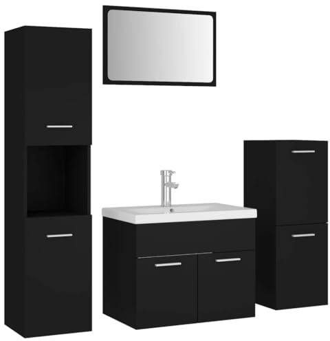 vidaXL Conjunto de Muebles de Baño Aseo Inodoro Armario Lavabo Empotrado Fregadero Escurridor de Empuje Grifo Espejo Tocador Contrachapada Negro