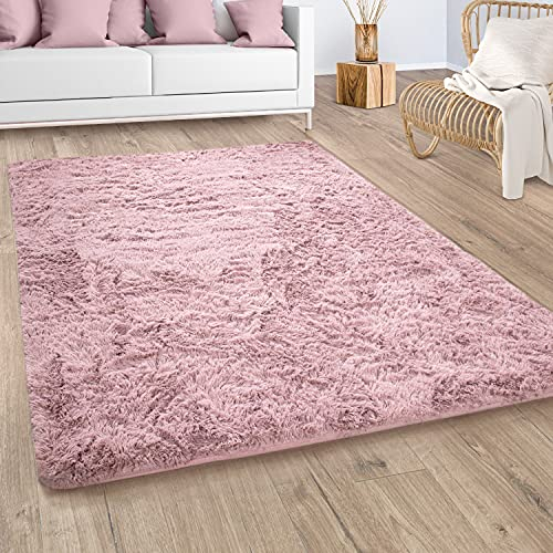 Paco Home Hochflor Teppich Wohnzimmer Shaggy Moderner Fellteppich Imitat Kunstfell Flauschig rutschfest Einfarbig Rosa Altrosa, Grösse:160x220 cm