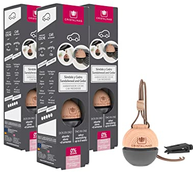 Cristalinas Car Air Fresheners Sandalwood & Cedar Scent, Pack Of 3 - Odour Neutralising 2 in 1 Air Fresheners for Cars, Essential Oils Car Air Freshener Scent for Men & Women lasts upto 8 weeks
