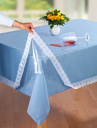 EMHELLE Tischdecke Schutzdecke mit weißer Spitze, Tischschutz, transparent, glasklar, Größe wählbar, Made in Germany (130 x 160 cm)