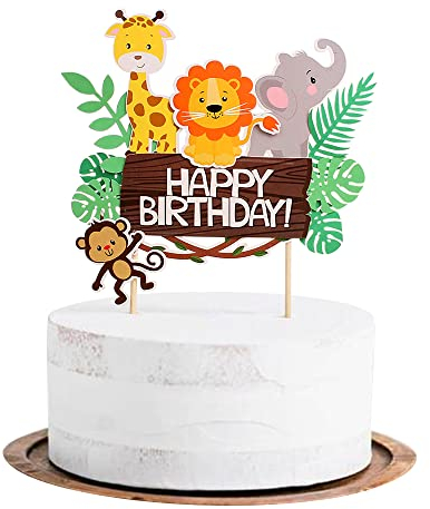 Blumomon 1Pc Jungle Animal Cake Topper Jungle Animals Happy Birthday Cake Decoration Wild Forest Theme Lion Elephant Monkey Cake Picks for Baby Shower Birthday Party Decorations Supply