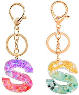 2Pcs Porte-clés, Porte-clés en résine, Porte-clés à lettres avec fleurs, Alphabet A-Z Key Ring pour femmes Cadeau d’anniversaire fille (S)