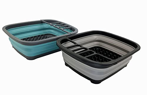 SAMMART 8L Collapsible Plastic Dish Drainer - Foldable Drying Rack - Portable Dinnerware Organizer - Space Saving Kitchen Storage Tray (Alloy Grey + Crystal Blue (Set of 2))