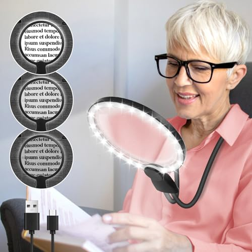 NZQXJXZ Aggiornamento 5X HD Mani libere lente ingrandimento con luce, flessibile collo d'oca lente di ingrandimento per la lettura, 24 LED regolazione luminosità per collo usura riparazione Hobby