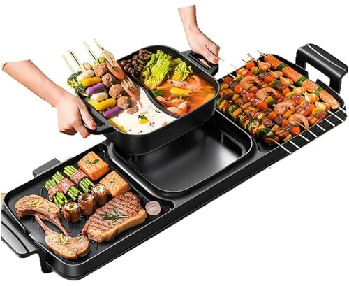 FfiMe Olla De Barbacoa Multifuncional Sin Humo De 2200 W, Wok Doble, Olla De Barbacoa Eléctrica 2 En 1, Sartén Antiadherente para Barbacoa con Partición, Barbacoa Y Olla Caliente para Fiestas En Mesa