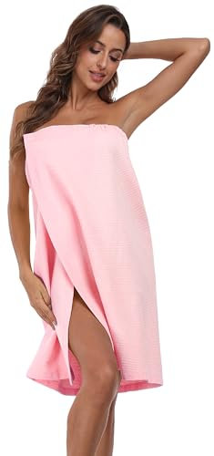 goodmansam Waffelpique Saunakilt Saunatuch Damen Sauna Frottee Bademantel Schnelltrocknend Badeponcho mit praktischem Schnellverschluss Klettverschluss, Rosa