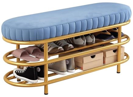 GFLCWYP Luxuriöse Einstiegssitzbank Mit Schuhaufbewahrung, Schuhregal Sitzbank Gepolsterter Aus Samt, Eingangsbank Mit Schuhablage, Goldfarbener Metallrahmen Für Wohnzimmer,Blau,60cm