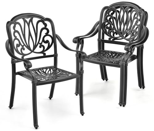 COSTWAY 2er Set Gartenstühle aus Aluminiumguss, Stapelstühle, stapelbare Terrassenstühle mit Armlehnen, Gartensessel für Hinterhof, Garten, Balkon (Schwarz)