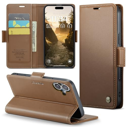 Rerzoiro for iPhone 16 Case 6.1 Inch, Premium PU Leather Wallet Case Flip Cover with [RFID Blocking][Card Holder][Stand Function] Shockproof Protective for iPhone 16, Brown