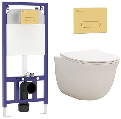 Royal Bathrooms Contemporary Wall Hung Rimless Toilet with Cistern Quick Release Slim Soft Close Seat Round Shape Bathroom & Aqua Brass Plate Wall Hung Frame - Divine