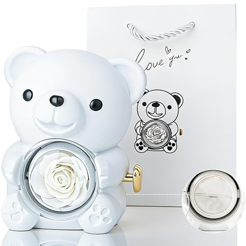 COSORO Romantischer Teddybär mit konservierter Rose, einzigartiges Geschenk für Damen, Valentinstag, Muttertag, Hochzeiten, Jubiläen, Brautpartys, Heimdekoration (weiß)