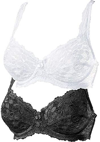 Ladies Underwired Designer Non Padded Bra Lace Bra by Marlon 2Pack Black & White BlkWht-34C