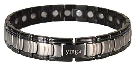 Yinga-Vital Deutsche Firma mit Service & Garantie | Modernes, extra leichtes Magnetschmuck Titan-Armband für Herren Silber mit schwarz-matt pulverisierten Seitenstreifen.