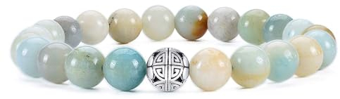 Natürliche 8 mm Edelsteine MetJakt Heilung Crystal Stretch Perlen Armband Armreif mit 925 Sterling Silber Double Happiness Anhänger (AMAZONITE)