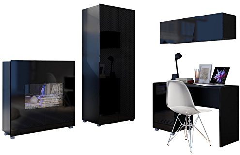 Mirjan24 Jugendzimmer Set Calabrini XIV, inkl. Kleiderschrank, Schreibtisch, Kommode, Wandregal, Komplett, Kinderzimmer Set (Schwarz/Schwarz Hochglanz, ohne Beleuchtung)