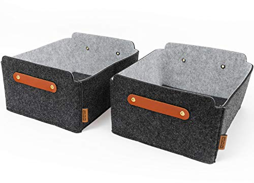 Miqio® Design Aufbewahrungsbox aus Filz mit Ledergriff | hochwertiger Korb aus Filz | Filzbox mit Echtleder Elementen | Regalkorb | dunkelgrau anthrazit Filzkorb 2er Set