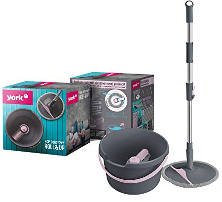 York Roll&up Bodenwischer mit Eimer - Teleskopstiel - Innovative Auswringfunktion- Klappplatte Wischbezug Mit Klett - Grau und Rosa - Putzset