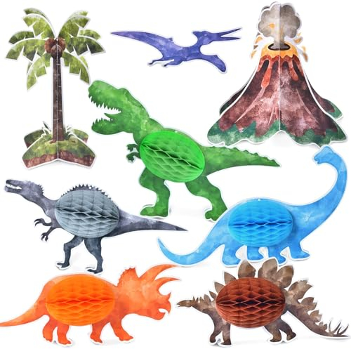 WERNNSAI Dinosaurier Party Dekoration - 8 Stück Dinosaurier Bienenwabe Mittelstücke für Kinder Jungen Dinosaurier Thema Tischdeko Geburtstags Vulkan Mittelstücke Ausschnitte Partyzubehör
