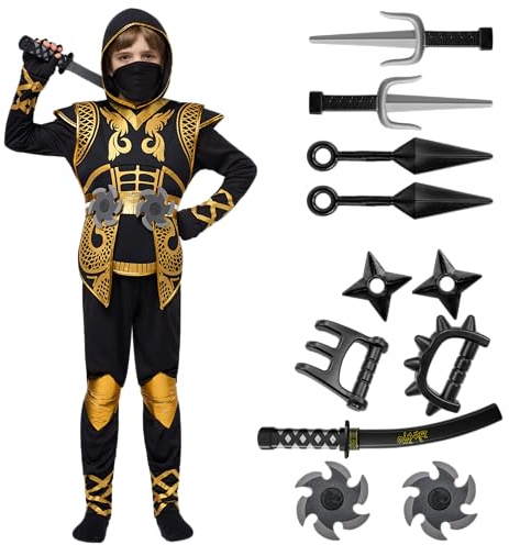 Spooktacular Creations Juego de disfraces Golden Ninja Deluxe con accesorios de espuma Ninja Juguetes para niños Traje de Kung Fu Ideas para Halloween