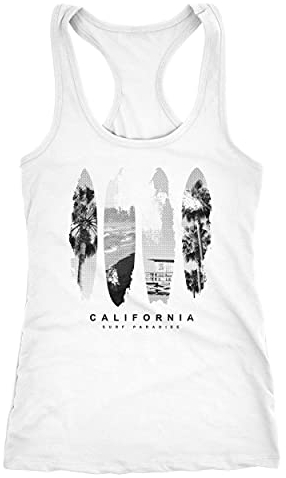 Neverless® Damen Tank-Top Surfboard California Surfing Kalifornien Surf Print Aufdruck Racerback weiß S