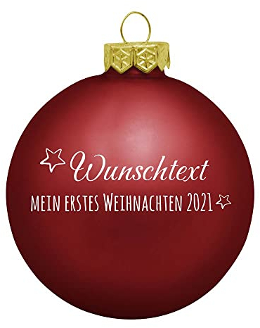 Deitert Weihnachtskugel mit Wunschtext Gravur, Ø 8cm, personalisierte Christbaumkugel aus Glas (matt), Individueller Weihnachtsbaumschmuck Namen oder Spruch, Mein erstes Weihnachten, Rot
