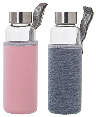 Set de 6 Botellas de 360ml de Cristal borosilicato con Funda de Neopreno en Rosa y Gris 6x19cm