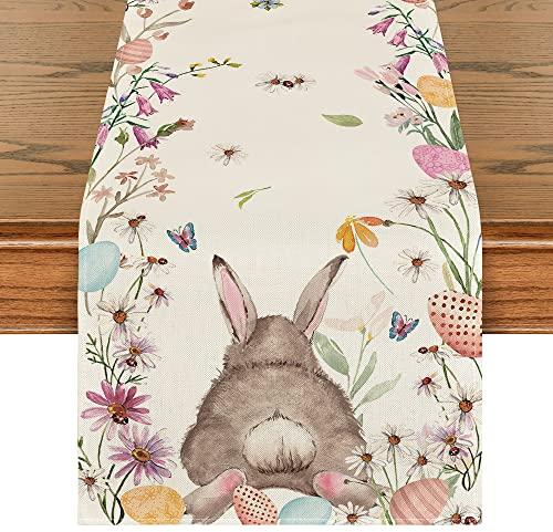 Artoid Mode Blume Hase Osterei Ostern Tischläufer, Waschbar Modern Frühling Küche Esstisch Dekoration für drinnen und draußen Urlaub Party Wohnzimmer Dekor 40 x 140 cm