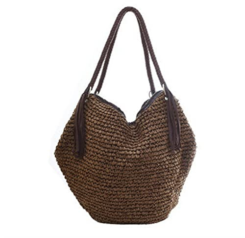 FJZFXKZL Strandtasche Stroh, Quaste Stroh Damen Umhängetasche Lässig Große Kapazität Rattan Handtasche Damen Wicker Weave Beach Handtasche Damen Tasche (Color : Brown)