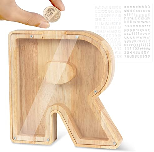LEcylankEr Spardose Kinder Personalisierte A-Z Alphabet Sparbüchse Holz Spardose Dekoration Kreative groß Sparschwein als Geschenke für Geburtstag, Weihnachten und Thanksgiving (R)
