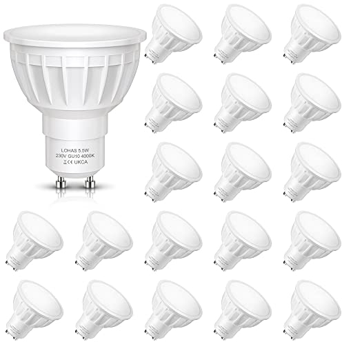 GU10 LED Lampe, LOHAS 6W Glühbirne, 50W Halogenlampen GU10 Ersetzt, Naturweiß 4000K, 500LM, Nicht Dimmbar, 120°Abstrahlwinkel, LED Leuchtmittel, Spotlampe für Schlafzimmer, Küche, 20er-Pack