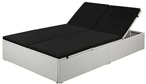 Hommdiy Sonnenliege Liegestuhl Doppelliege Gartenliege Rattanliege Poly Rattan Weiß-Schwarz