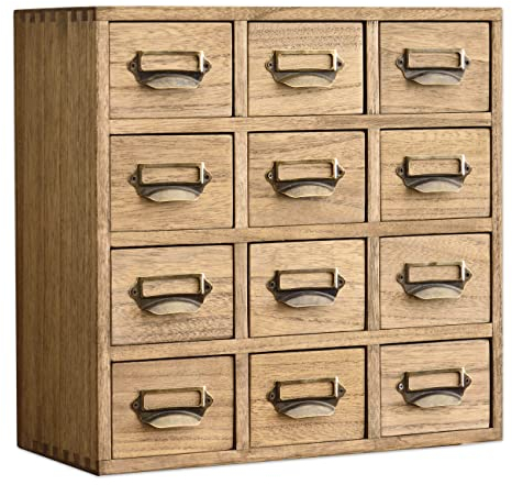 KIRIGEN Wood Storage Drawer Units Desktop Organiser Traditional Chest of Drawers Retro Apothecary Cabinet 12 Mini Drawers with Metal Handles for Trinket Dark Brown (12CG-DBR)