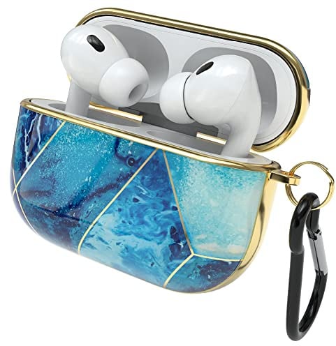 EAZY CASE - Schutzhülle für AirPods Pro 2 Hülle Blau Hard Case Stoßfest mit Karabiner geeignet als Schlüsselanhänger Antikratz Etui rutschfest Hardcase für Airpod Pro 2. Generation in Hellblau Marmor