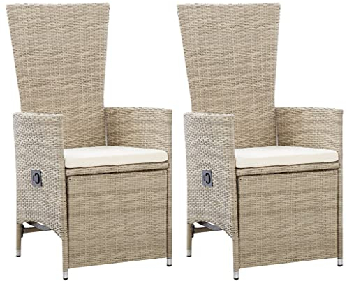 KOIECETA 2X Gartenstuhl mit Auflagen Relaxstuhl Sessel Sonnenliege Stuhl Hochlehner Gartenmöbel Rattansessel Poly Rattan (Verstellbare Rückenlehne und Fußstütze, Beige)