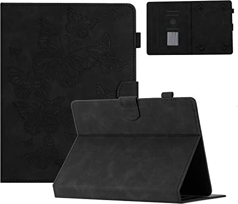 Oduio Custodia per tablet 10 pollici Samsung Galaxy/Lenovo/iPad/Huawei con Supporto e Portapenne Pelle PU con Slot Card, Flip Case Portafoglio-Nero Farfalla