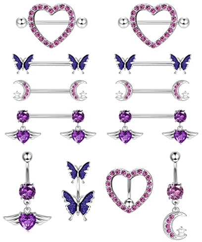 Kakonia 4Paar Nippelpiercing und 4Stk Bauchnabelpiercing Set for Damen Frauen 316L Edelstahl Blume Schmetterling Mond Herz Langhantel Nippelringe Fashion Körperschmuck