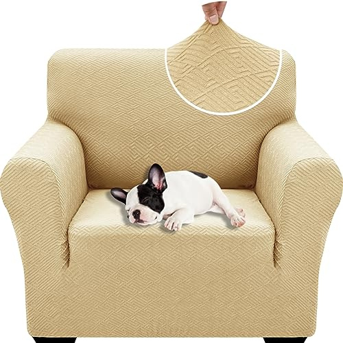 XINEAGE Sofabezug 1 Sitzer, High Stretch Sofaüberwurf für Wohnzimmer, Moderne Sofaüberzug, Jacquard Sofa überzug für Hunde, Haustiere, Rutschfester Sofa Cover (1 Sitzer, Beige)