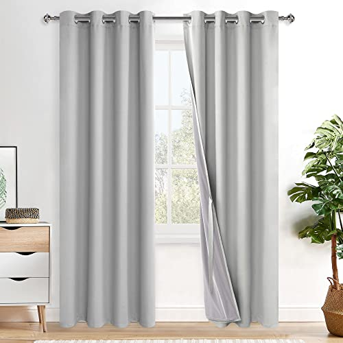 XWZO 100% Blickdicht Vorhänge, Doppellagige Dicker Verdunklungsvorhänge mit Ösen, Schallschutz Thermovorhänge 2er Set Schlafzimmer Gardinen, Blackout Curtain, 200x140 cm(HöhexBreite), Silber Grau