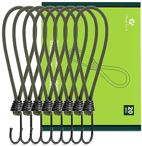 Abma Cord Bungee Cords with Hooks 23cm 20Pcs Small Bungee Ropes with Hooks Elastic Bungee Loops for Tarpaulin, Tent, Camping, Banners, Fixing - Army Green