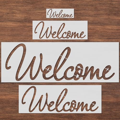 Clothmile Plastic Welcome Stencils - Set of 4 Reusable Templates for Painting on Wood, Wall, Fabric, Chalkboard Sign & More