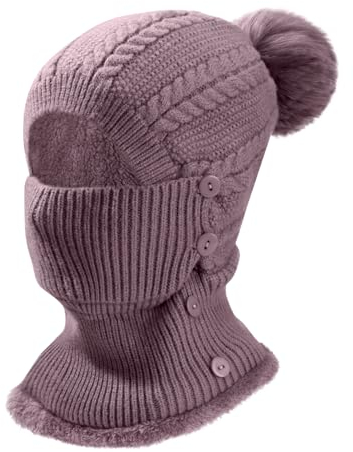 Heveer Wintermütze Damen Warm Strickmütze mit Halswärmer Haarball Verstellbare Gesichtsmaske Weichem Gefüttert Beanie für Outdoor Lila