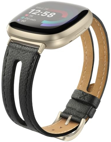 Tuocal Leder Armband Kompatibel für Fitbit Versa 4 / Versa 3 Armband/Sense Lederarmband, Schlankes Weiches Ersatzband mit Fitbit Versa 4 / Versa 3 / Sense Damen Herren, Schwarz(Roségold Schnalle)