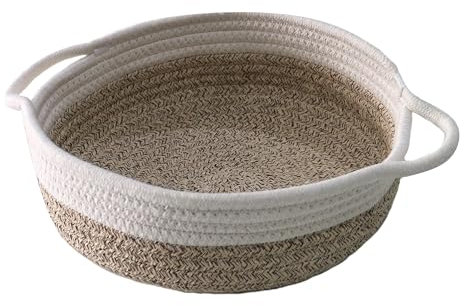 Knitted Storage Basket, White and Stone, Fabric Storage Bowl, Cotton Rope Organiser, Home, Biege Baskets, Woven