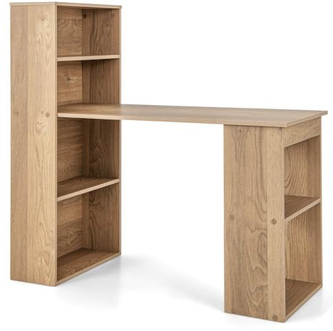 GIANTEX Bureau avec Bibliothèque en Bois, Bureau d'Ordinateur avec Rangement à 6 Niveaux, Poste de Travail Réversible Moderne et Support pour CPU, 122 x 122 x 56 CM (Noyer)