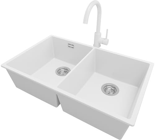 PRIMAGRAN Fregadero Granito Blanco 76x47cm, Cocina 2 Senos + Grifo 32x20cm + Sifón, Sobre encimera al mueble 80cm - London Slim Twin S011