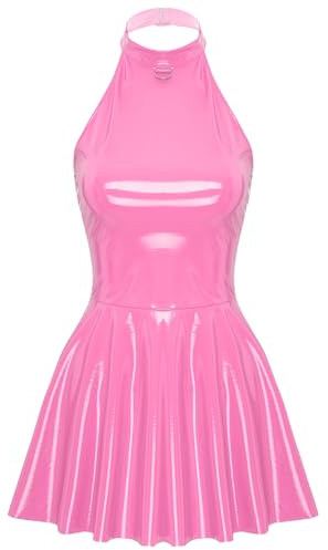 TTAO Damen Lederkleider Sexy Partykleid Brust Offen Minikleid Ärmellos Glanz Dessous Rave Gogo Sex Kleidung Rosa A S