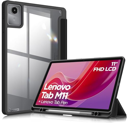 Fintie Hybrid Hülle mit Stifthalter für Lenovo Tab M11 (TB330) 11 Zoll 2024, Stoßfeste Schutzhülle mit transparenter Hartschale auf der Rückseite, Nicht für Lenovo Tab P11 11 Zoll, Schwarz