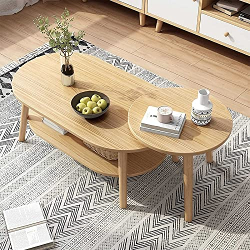 ZOUTYI Mesa de Centro, con Estante de Almacenamiento y Patas de Madera Maciza, transforme su Espacio Vital con una Mesa de Centro Ovalada 2 en 1 y un Juego de Mesa Auxiliar Redonda, Ideal para la o