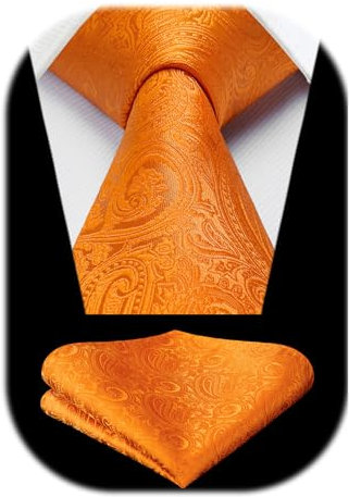 HISDERN Krawatte Orange Paisley Hochzeit Krawatten für Herren mit Einstecktuch Set Einfarbige Klassische Herren Krawatte & Taschentuch Set